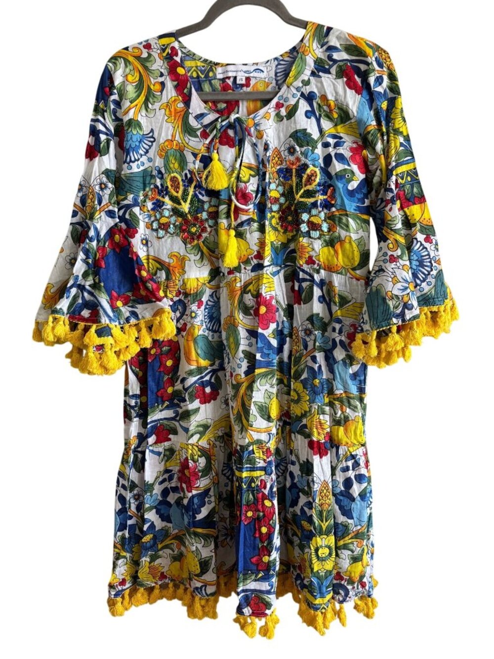 Colori Di Mare Floral Embellished Bell Sleeve Dress Tassels Yellow Trim Vibrant